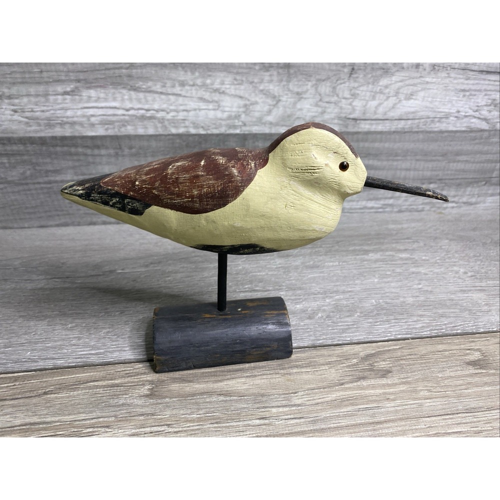 Wood Bird Figurine Sculpture on Wooden Base Block Stand, Bird Animal Figurine